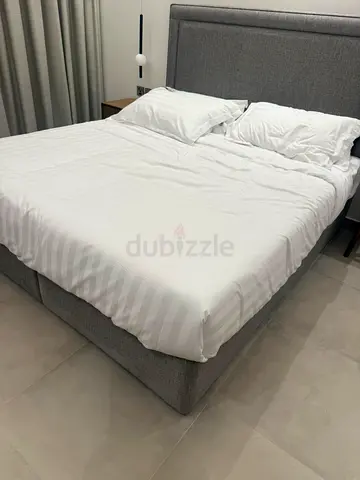 Grey upholstered bed + luxury mattress frame with headboard