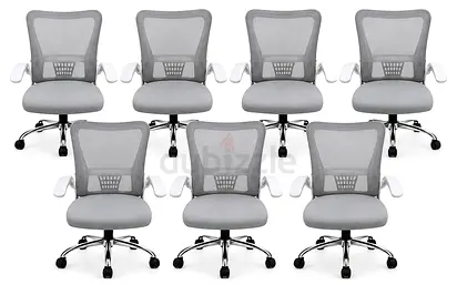 7 Pieces Modern Ergonomic Office Chairs – Grey Mesh with Wheels | Good Condition