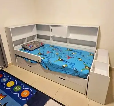 White Kids Daybed with Built-in Shelves and Drawers and Mattress