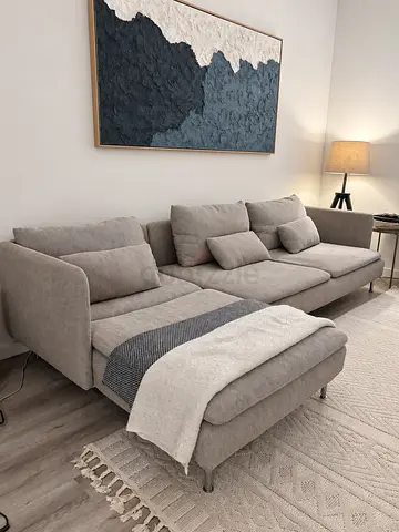 Modern light grey 3-seater sofa with chaise lounge — good condition