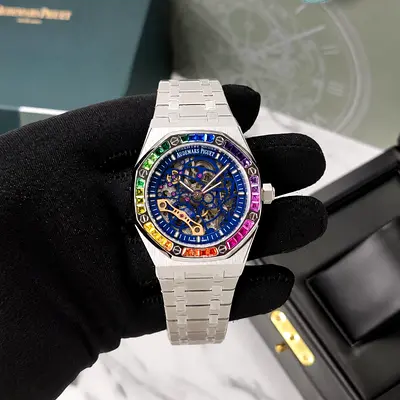 Audemars Piguet Royal Oak Skeleton Rainbow Bezel black Master Quality Watch