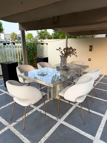 Marble Dining Table with 6 Curved Bouclé Chairs - Excellent Condition