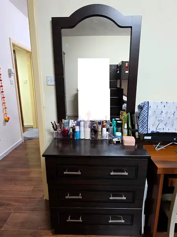 Dark Wood Dresser with Large Mirror — 3 Drawers, Very Good Condition