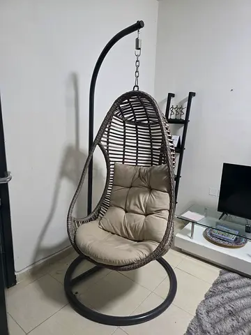 Hanging Rattan Egg Chair with Stand and Cushion - Beige