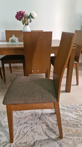 Set of 6 Wooden Dining Chairs with Grey Fabric Seats table with tempered glass
