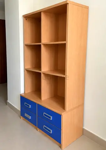 Wooden 8-Cubby Bookcase with 4 Blue Drawers - Good Condition