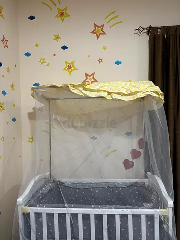 White Wooden Baby Crib with Canopy and Mosquito Net - Hardly Used