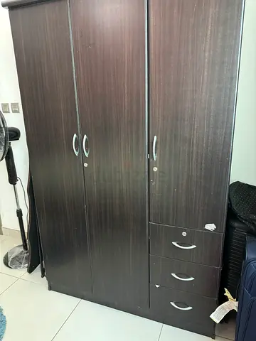 Dark Wood 3-Door Wardrobe with Drawers - Used, Good Condition
