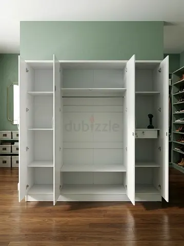 Large White 4-Door Wardrobe with Shelves and Hanging Rail