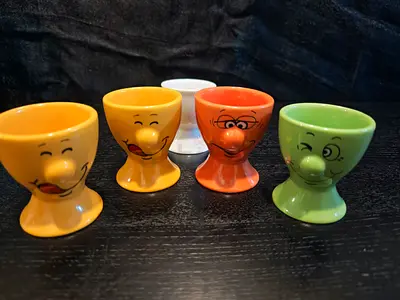 Set of 5 Ceramic Egg Cups with Funny Faces — Used, Good Condition
