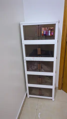 White Tall Storage Cabinet with doors - 5 Compartments and wheels