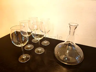 Set of 5 Wine Glasses with Decanter - Clear Glass, Lightly Used