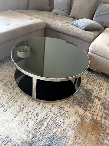 Round Glass Top Coffee Table with Open Storage (Black & Silver)