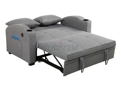 Grey Convertible Sofa Bed with Cup Holders and Storage