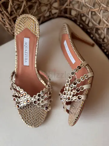 Aquazzura Gold Embellished Open-Toe Slip-On Heels - Size ?