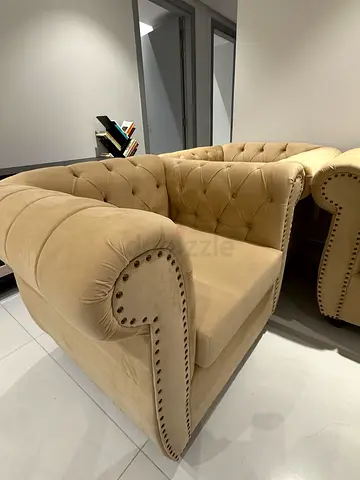 Beige Tufted Velvet Armchair with Studded Arms - Pair Available