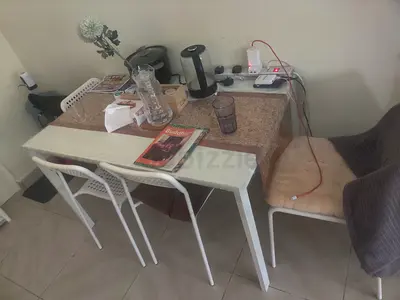 IKEA Compact dining table with 4 chairs and bench - white, good condition