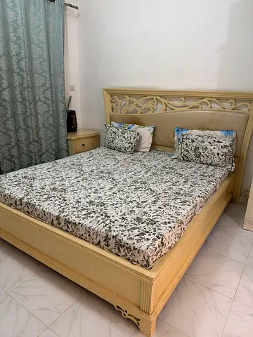 Wooden super king Bed Frame with Headboard and Side Drawer and dressing table - Light Cream