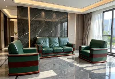 Green Leather 3-Seater Sofa with Two Armchairs – Solid Wood Trim