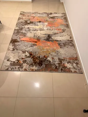 Modern abstract area rug - neutral tones with orange accents (like new)