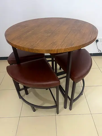 Immediate Sale - 4 seater compact Dining Set Wooden Round Table with 4 Brown Leather Stools