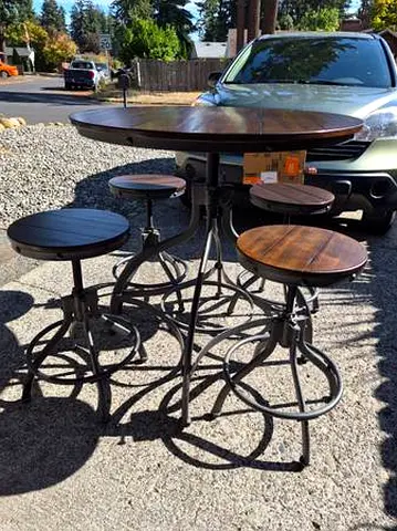 Solid Wood & Metal Industrial Round Bar Table with 4 Adjustable Stools