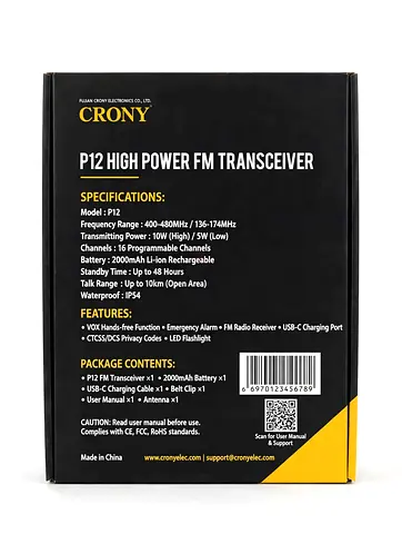 Crony P12 High Power FM Transceiver - Portable Two-Way Radio