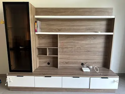 Modern TV Entertainment Unit with Storage Shelves and Glass Display