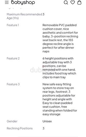 Unisex 3‑Position Reclining Baby High Chair with Removable Padded Cushion