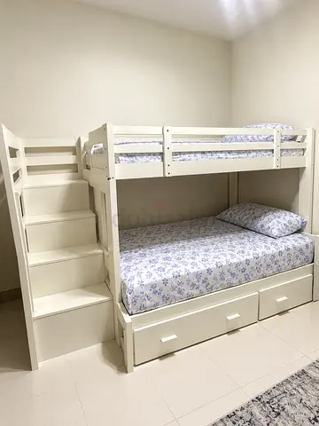 White Wooden Bunk Bed with Storage Drawers & Stairs