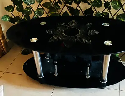 Black Glass Coffee Table with Floral Etching