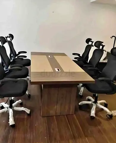 Wooden Conference Table With 8 Ergonomic Office Chairs