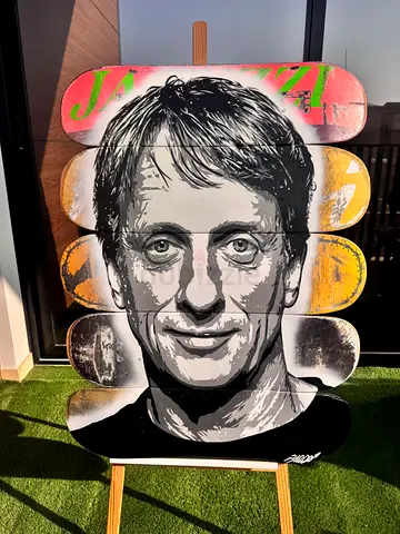 Tony Hawk portrait, on five real skateboards – one-of-a-kind, from New York