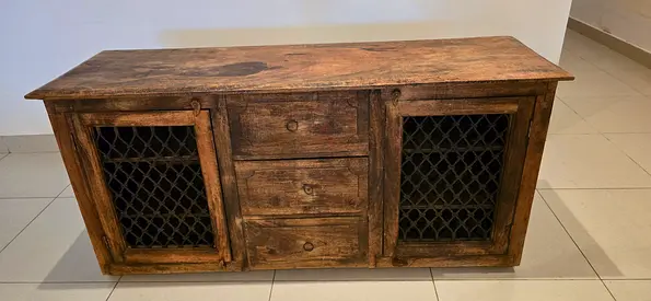 Marina Home - Rustic Solid Wood TV Unit with 2 Iron Jali Doors & 3 Drawers