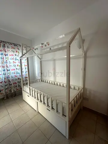 White Wooden House-Style Kids Bed with Drawers - Good Condition