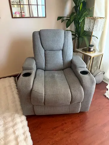 Gray Fabric Recliner Armchair with Cup Holders — Comfortable Single Seater electrical with lights.