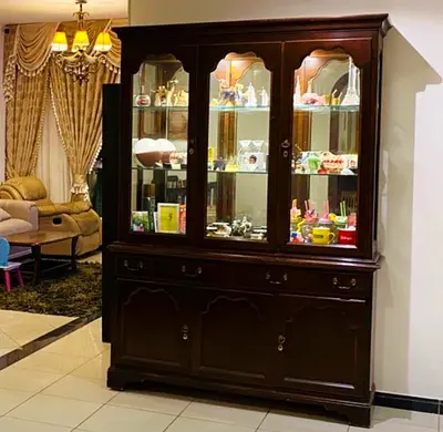 Solid Dark Wood Display Cabinet with Glass Doors and Storage