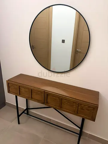 Wooden console table with round wall mirror - modern entryway set