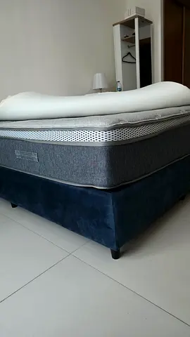 Queen-size bed frame with mattress and topper - good condition