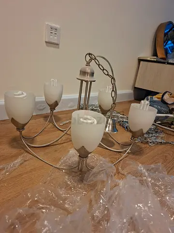 5-light brushed nickel chandelier with frosted glass shades