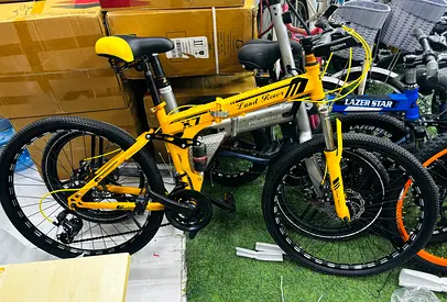 Yellow Land Rover Folding Mountain Bike - 26" Frame, Dual Suspension