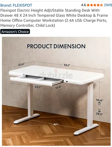Flexispot Electric Height Adjustable Standing Desk - White, 48 x 24" in good condition