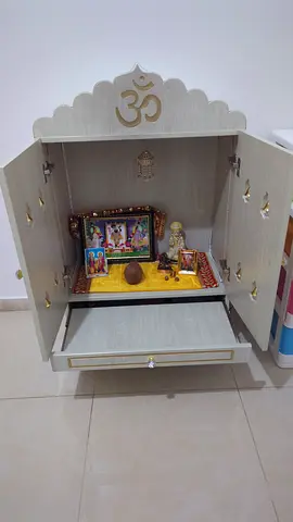 Wooden Pooja Mandir / Home Temple in Light Finish and LED light decorated.