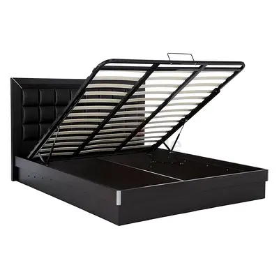 Home Centre King size storage bed with hydraulic storage - dark brown leather headboard solid wood
