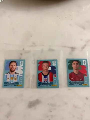 Messi, Ronaldo, Haaland FIFA World Cup player trading cards (protected sleeves)