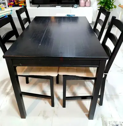 Black wooden dining IKEA table with 4 chairs - compact set
