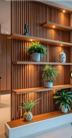 Wooden Slatted Room Divider Shelving Unit with Display Shelves Custom Made