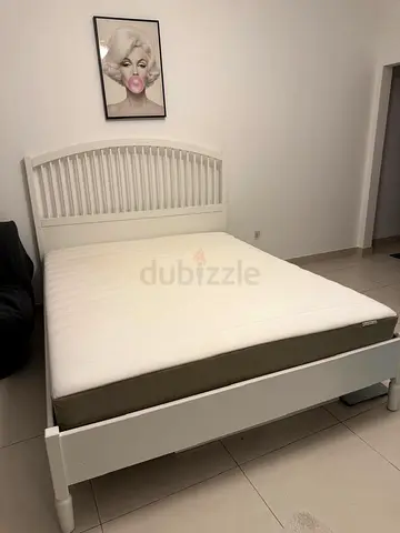 White Wooden Double Bed Frame with Mattress - Good Condition