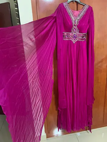 Magenta Embellished Long Traditional Dress with Flowing Sleeves