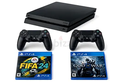Sony PS4 Slim with 2 Controllers + FIFA 24 and $%& of War (Good Condition) AED 650 Negotiable
